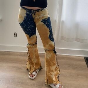 Super flare edgey vintage Tie-Dye Flare Pants with Fringe